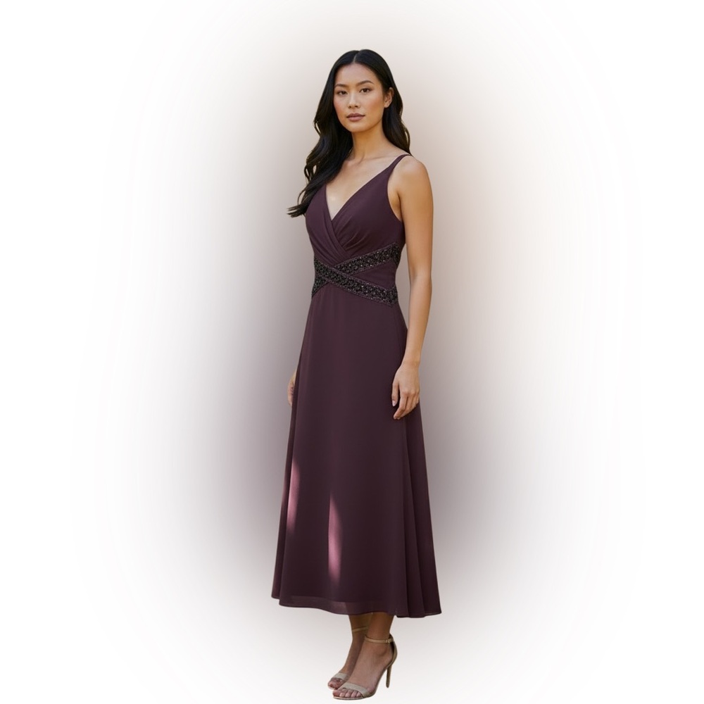 Jessica Howard Plum V-Neck Midi Dress with Beaded Waistband Size 14